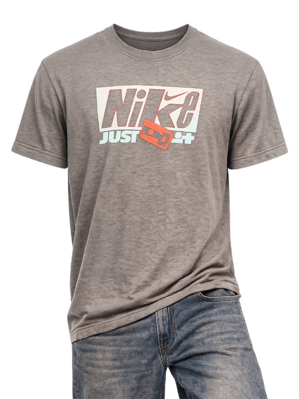 Nike Short Sleeve Logo Tee in Heather Gray with Coral Accent